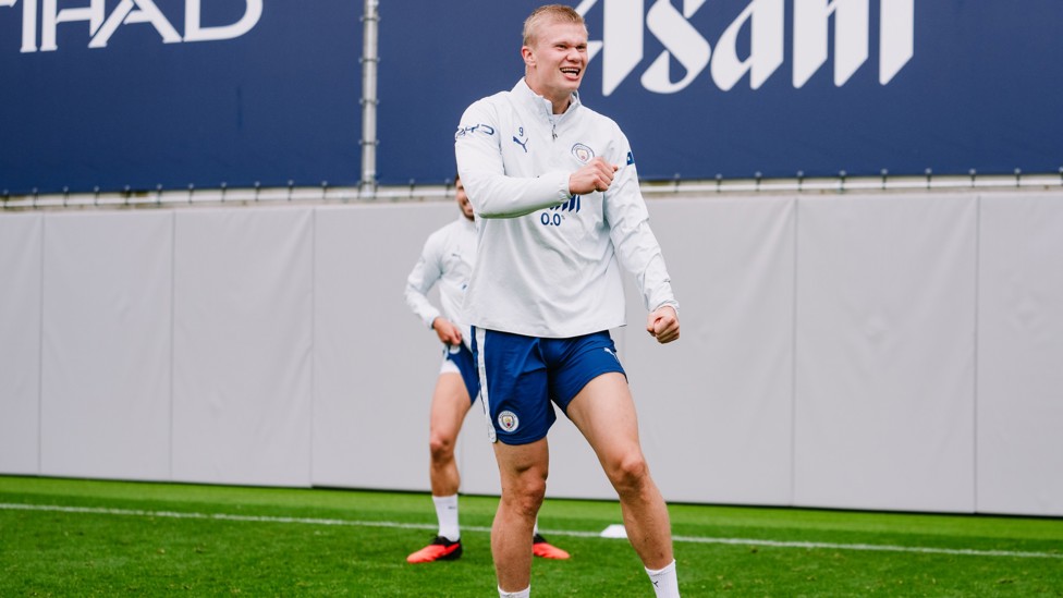 CELEBRATION TIME : Erling Haaland can’t hide his delight in training
