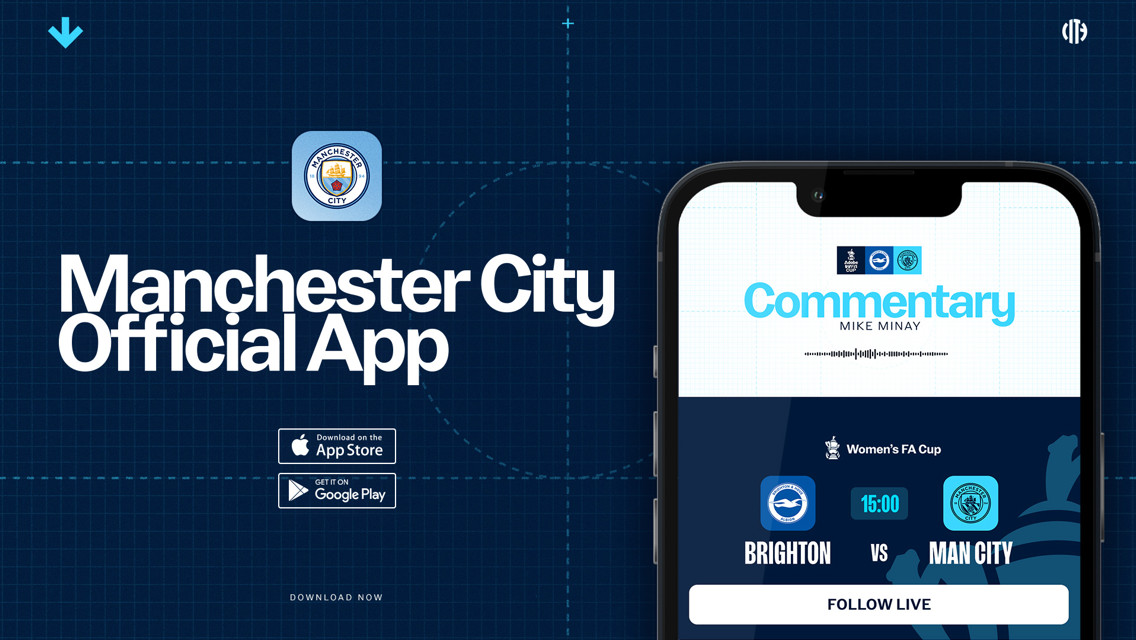Promotional image for Manchester City's official app showing live commentary details for a Women's FA Cup match between Brighton and Man City.