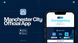 Promotional image for Manchester City's official app showing live commentary details for a Women's FA Cup match between Brighton and Man City.