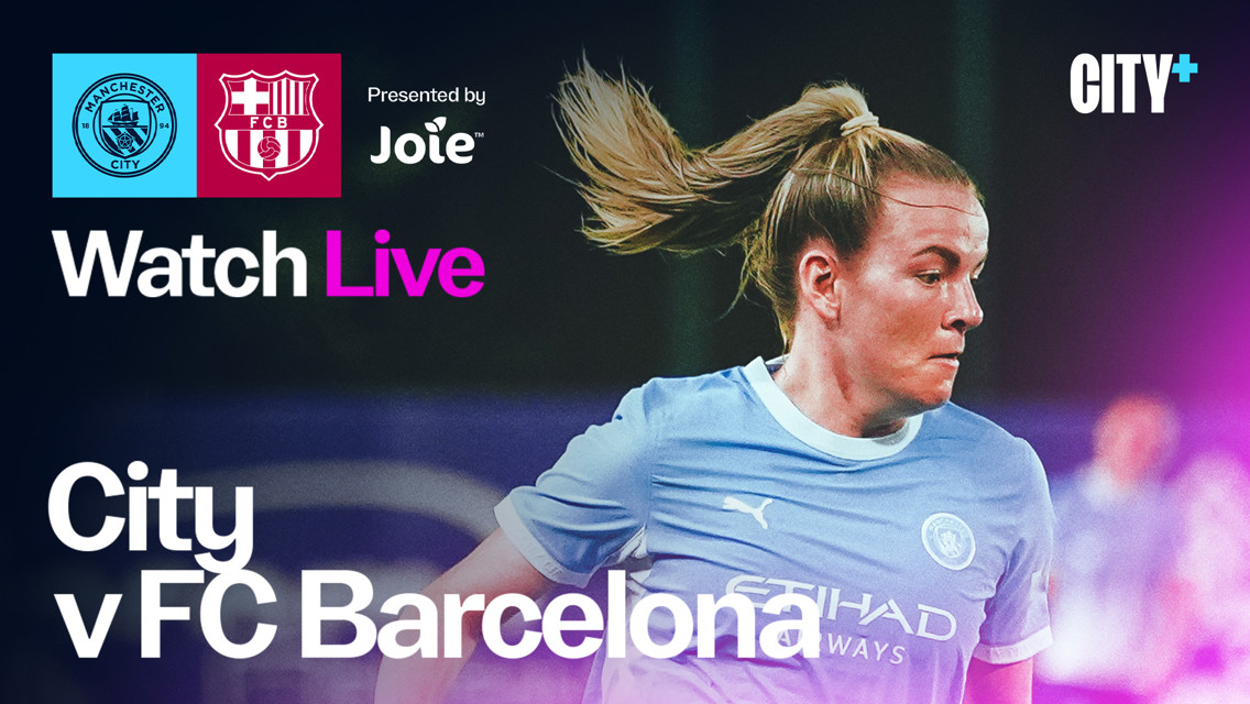 Manchester City vs FC Barcelona live stream promotion featuring Manchester City player. Includes logos and watch live details.