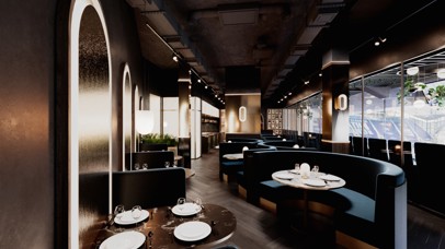 A modern restaurant interior with elegant black decor, circular booths, and set tables. Large windows offer a view of a stadium outside.