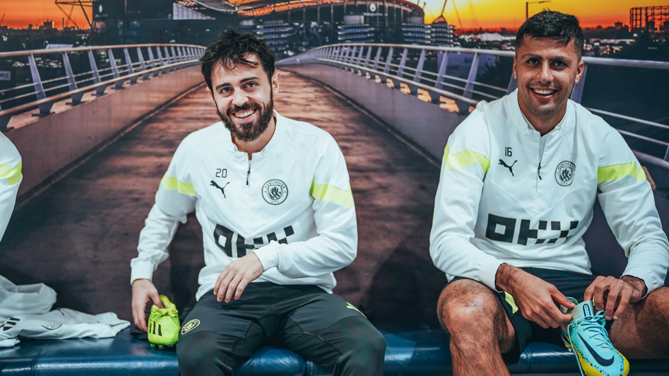 ALL SMILES : Bernando Silva and Rodrigo get ready for training.