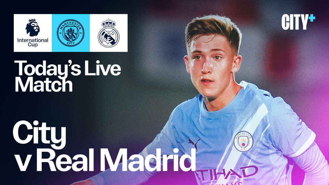 Promotional image for a live match between Manchester City and Real Madrid in the International Cup, featuring logos of both clubs and the Premier League.