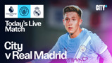 Promotional image for a live match between Manchester City and Real Madrid in the International Cup, featuring logos of both clubs and the Premier League.