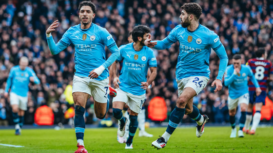 Manchester City's Omar Marmoush wheels away to celebrate his second goal in the 4-0 Premier League victory over Newcastle United.