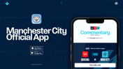 Promotional image for the Manchester City Official App featuring live commentary for Arsenal vs. Manchester City in Women's Super League. Includes app download options for App Store and Google Play.