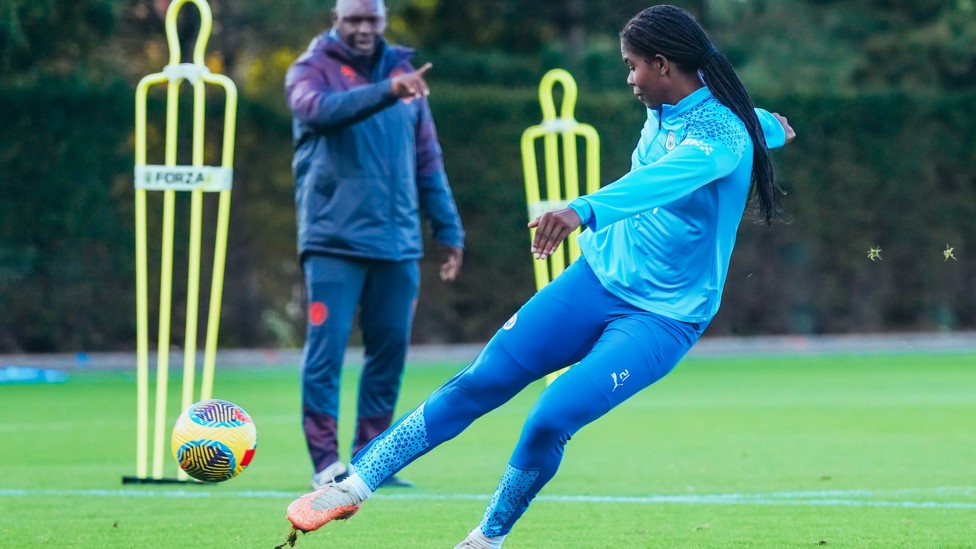OUR STRIKER : Khadija 'Bunny' Shaw practising what she does best ahead of Sunday's game.
