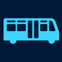 A light blue icon of a bus with windows and wheels on a dark blue background.