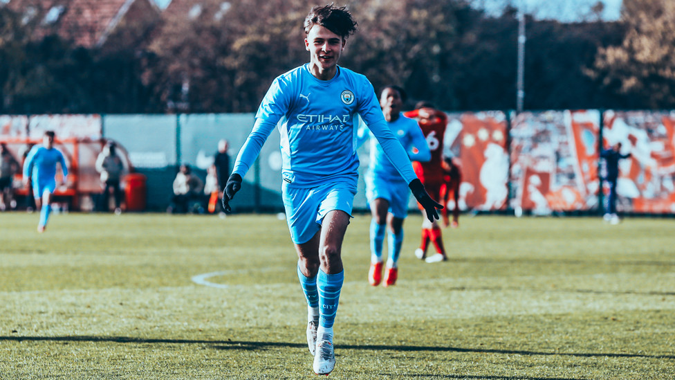 LATE SHOW : Luca Barrington celebrates the game's only goal as our Under-18s get the better of Liverpool, 15 January.
