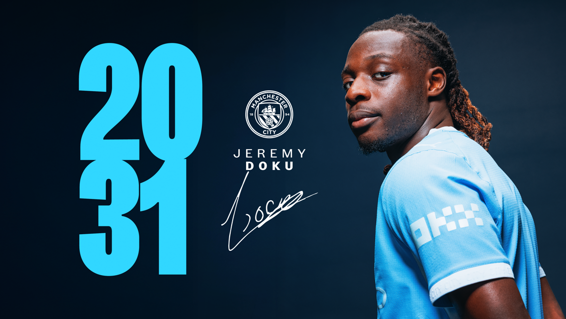 Graphic featuring a football player in a Manchester City jersey beside the year '2031', the club's logo, and player name 'Jeremy Doku'.