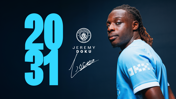Graphic featuring a football player in a Manchester City jersey beside the year '2031', the club's logo, and player name 'Jeremy Doku'.