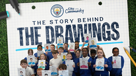 Group of children holding their drawings with Manchester City Community logo and text 'The Story Behind The Drawings'.