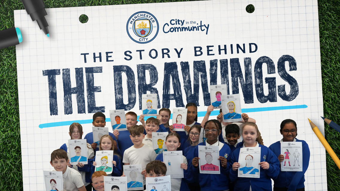 Group of children holding their drawings with Manchester City Community logo and text 'The Story Behind The Drawings'.