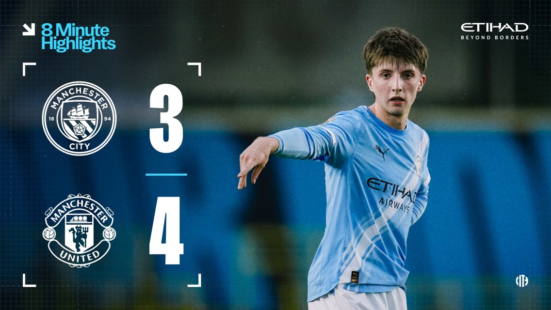 Manchester City 3-4 Manchester United result displayed with logos and player in Manchester City kit.