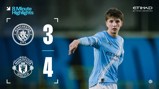 Manchester City 3-4 Manchester United result displayed with logos and player in Manchester City kit.