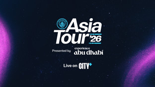 Graphic promoting Manchester City's Asia Tour 2026, presented by Experience Abu Dhabi, with live streaming available on CITY+.
