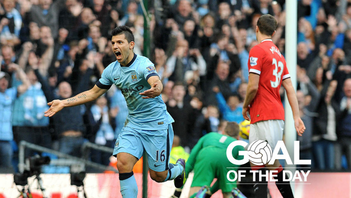 DERBY DELIGHT: Sergio Aguero scored the only goal of the game at the Etihad in 2014.
