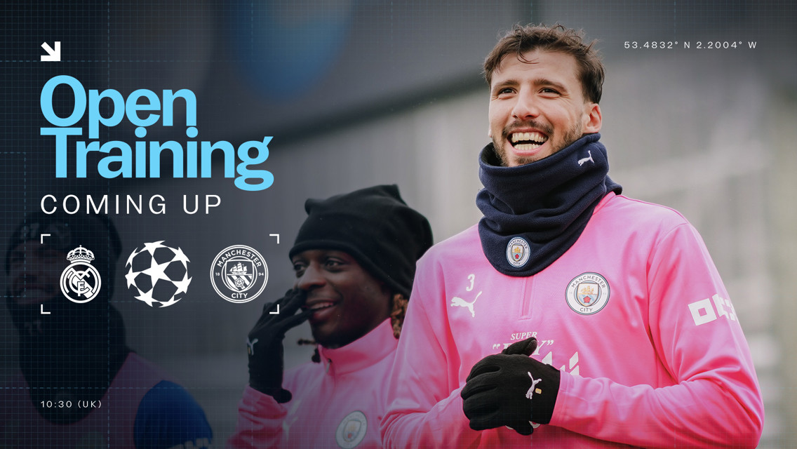 Manchester City's open training session image with Manchester City's and Real Madrid's logos as they prep for a UEFA Champions League match. The coordinates indicate the location as Etihad Stadium in Manchester.