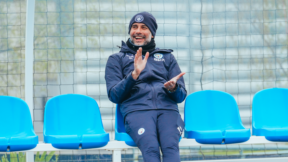 PEPPED UP : Guardiola takes a seat