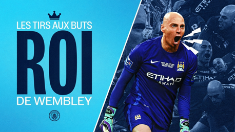 A football player in a Manchester City goalkeeper kit is passionately celebrating, with text on the image reading 'Les tirs aux buts: Roi de Wembley'.
