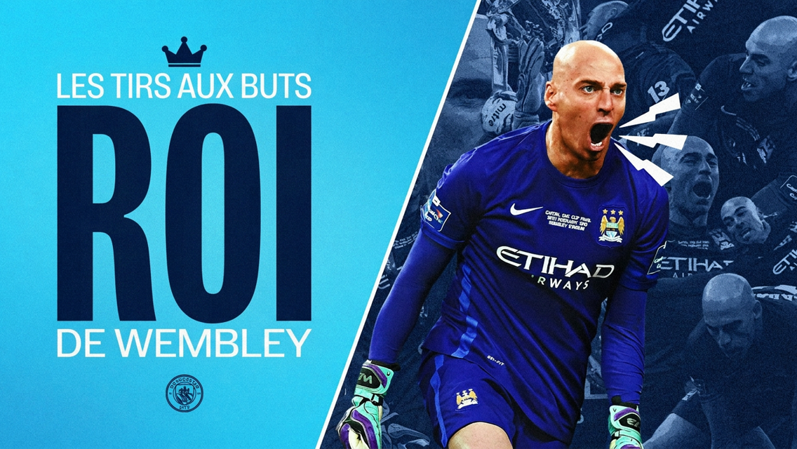 A football player in a Manchester City goalkeeper kit is passionately celebrating, with text on the image reading 'Les tirs aux buts: Roi de Wembley'.
