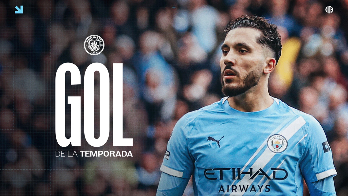 Blurry image of a Manchester City player celebrating. Text reads 'GOL de la TEMPORADA' with Man City logo.