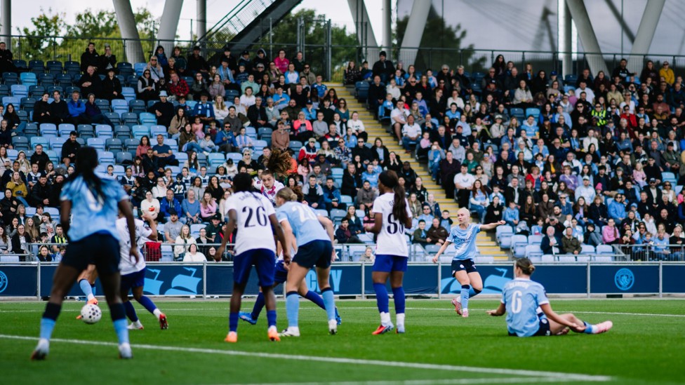 IT'S TWO  : Laura Blindkilde Brown fizzes her first of the season into the net. 