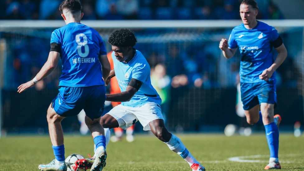 UNDER PRESSURE : Jaden Heskey dances around the Hoffenheim press.