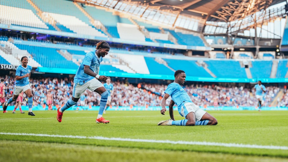 JOY FOR JUSTIN : Justin Oboavwoduo opens the scoring in the FA Youth Cup final against Leeds