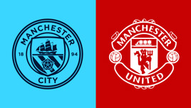 Split image showing logos of Manchester City and Manchester United. Manchester City's logo is blue with a ship and rose, while Manchester United's logo is red with a shield and devil.