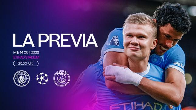 Promotional image for a UEFA Champions League match between Manchester City and Paris Saint-Germain at Etihad Stadium on October 14, 2026, at 20:00 (UK). Includes Manchester City and Paris Saint-Germain logos.