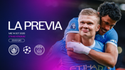 Promotional image for a UEFA Champions League match between Manchester City and Paris Saint-Germain at Etihad Stadium on October 14, 2026, at 20:00 (UK). Includes Manchester City and Paris Saint-Germain logos.