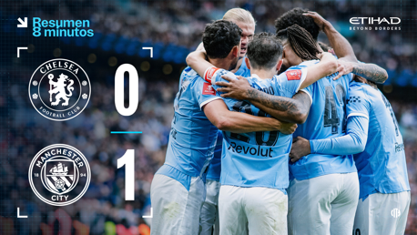 An image displaying the final score of a football match between Chelsea and Manchester City with Chelsea 0 and Manchester City 1. The image includes Manchester City players celebrating together.