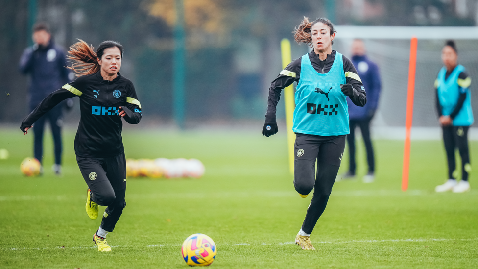 RACE AGAINST TIME : Yui Hasegawa and Leila Ouahabi race towards the ball