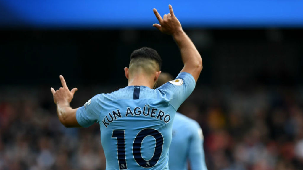 PERFECT TEN : Sergio Aguero celebrates after his first half goal
