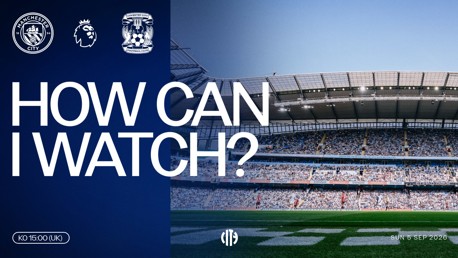 A promotional poster for a match between Manchester City and Coventry City, dated Sunday, 5th September 2026 at 15:00 UK time. Includes team logos and the Premier League logo, with the Etihad Stadium in the background.