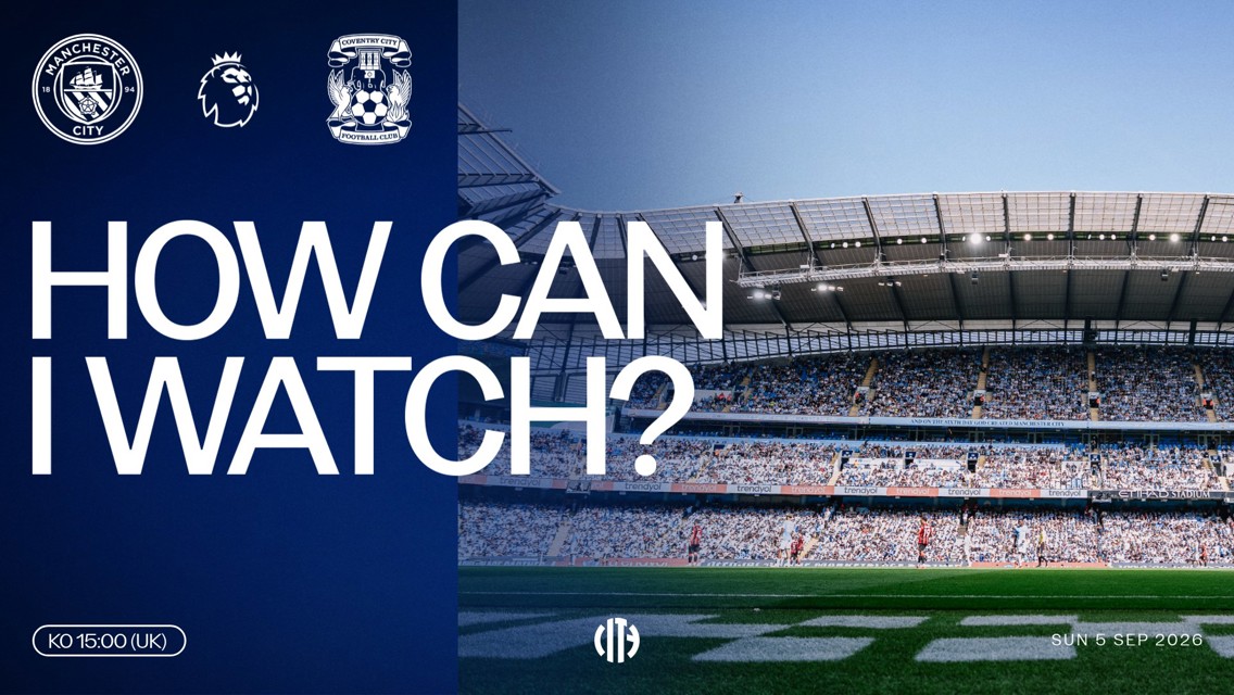 A promotional poster for a match between Manchester City and Coventry City, dated Sunday, 5th September 2026 at 15:00 UK time. Includes team logos and the Premier League logo, with the Etihad Stadium in the background.