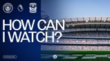A promotional poster for a match between Manchester City and Coventry City, dated Sunday, 5th September 2026 at 15:00 UK time. Includes team logos and the Premier League logo, with the Etihad Stadium in the background.
