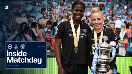 Two players holding the FA Cup trophy surrounded by a crowd. The caption below reads 'Inside Matchday: Brighton v City, Final, 31 May 2026'.