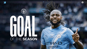 Blurry image of a Manchester City player celebrating a goal with 'Goal of the Season' text and club logo.