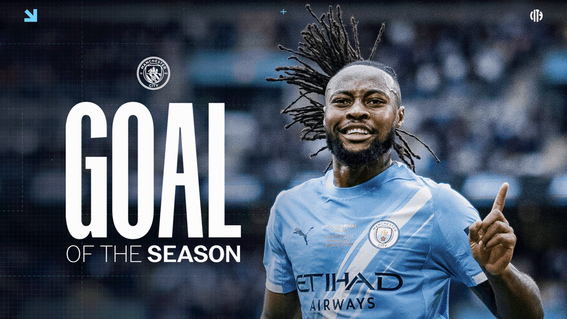 Blurry image of a Manchester City player celebrating a goal with 'Goal of the Season' text and club logo.