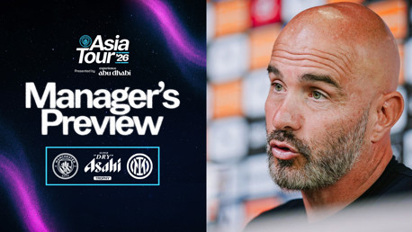 Split image with Man City Asia Tour 2026 promotional text and a manager preview, featuring the Manchester City and Inter logos for the Asahi Trophy.