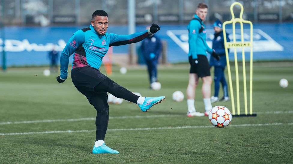 ON TARGET : Gabriel Jesus strikes at goal during today's session