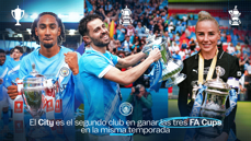 Three figures wearing Manchester City uniforms holding FA Cup trophies. The text indicates Manchester City has won three FA Cups in the same season.