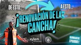 Promotional poster showing a pitch renovation from old to new. Includes a person in high visibility vest, Xylem and Manchester City logos, and text '¡Renovación de la Cancha!'