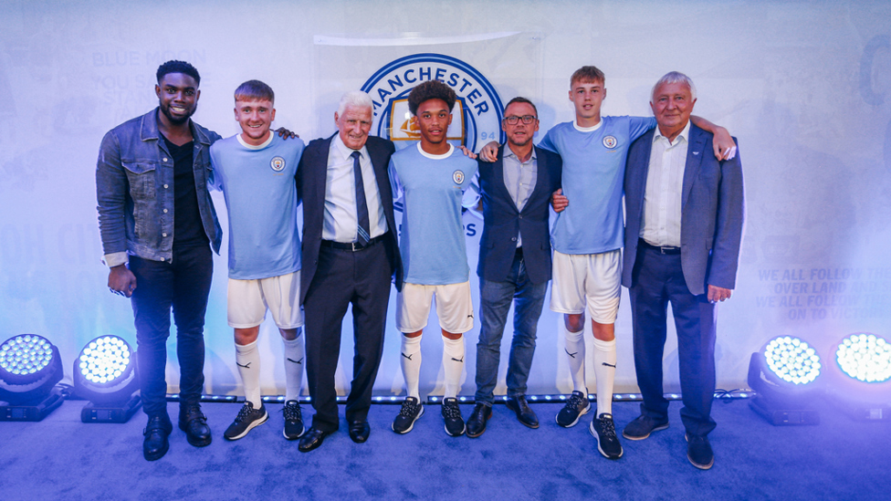 TRUE BLUES : Micah Richards, Tommy Doyle, Tony Book, D'Margio Wright-Phillips, Paul Dickov, Cole Palmer and Mike Summerbee at Wednesday's 125 kit unveiling