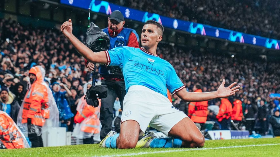 BAYERN BEATEN : Rodri celebrates after a wonder goal against Bayern Munich at the Etihad in the Champions League quarter-final in April 2023.