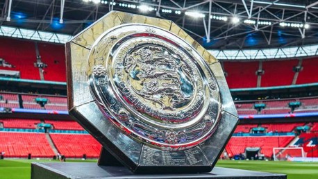The FA Community Shield trophy displayed on a football field.
