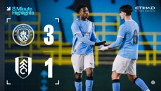 A graphic showing Manchester City's 3-1 victory over Fulham with Manchester City players celebrating. The Manchester City logo is featured prominently on the left.
