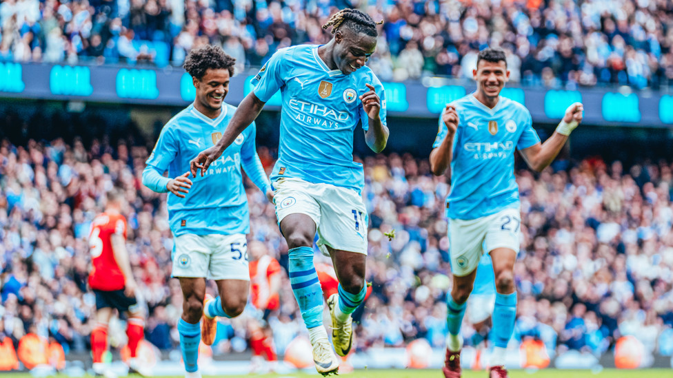 FANTASITIC FOUR : Doku celebrates in trademark fashion after his lovely goal.